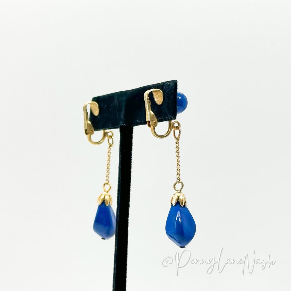 Vintage Bright Bue Dangle Beads Drop Earrings - Picture 5 of 7